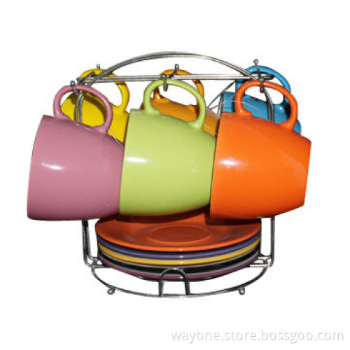220cc Tea Cup and Saucer Set with Metal Stand, New Bone China with Color Glaze, for Promotion